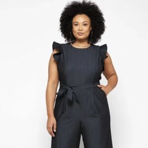 Calvin Klein Denim Flutter Sleeve Jumpsuit Navy Women’s Plus Size 18W Wide Leg